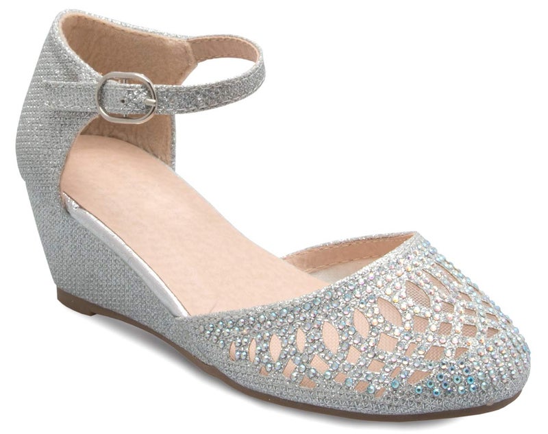 Olivia K Girls Glitter and Rhinestone Open Toe Wedge Heel (Toddler/Little Girl), SILVER Y3 - Image 1